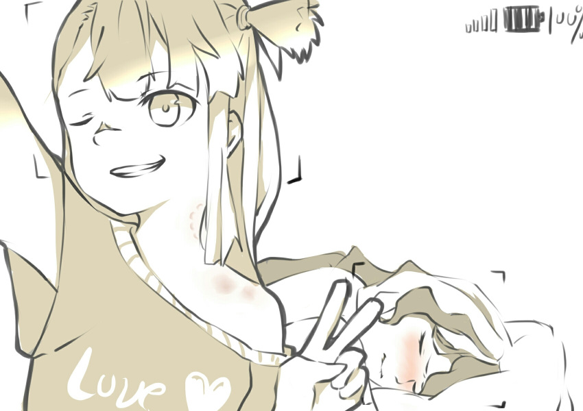 2girls, bite_mark, blush, bukei, diana_cavendish, head_on_pillow, hickey, highres