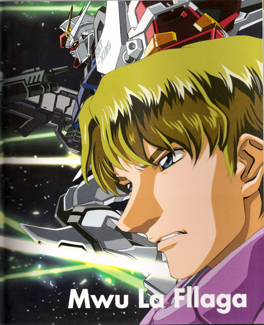 absurdres, beam_rifle, blonde_hair, blue_eyes, gun, gundam, gundam_seed, highres