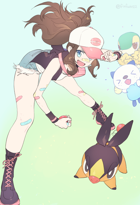 >_<, 1girl, :d, bandaid, baseball_cap, bent_over, blue_background, blue_eyes