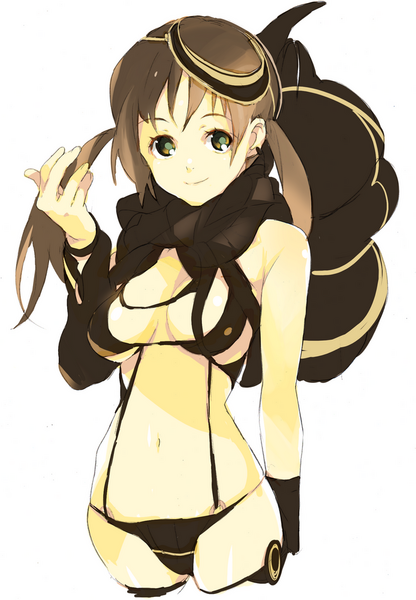 bikini, breasts, brown_hair, duplicate, green_eyes, honjyamaka, original, scarf