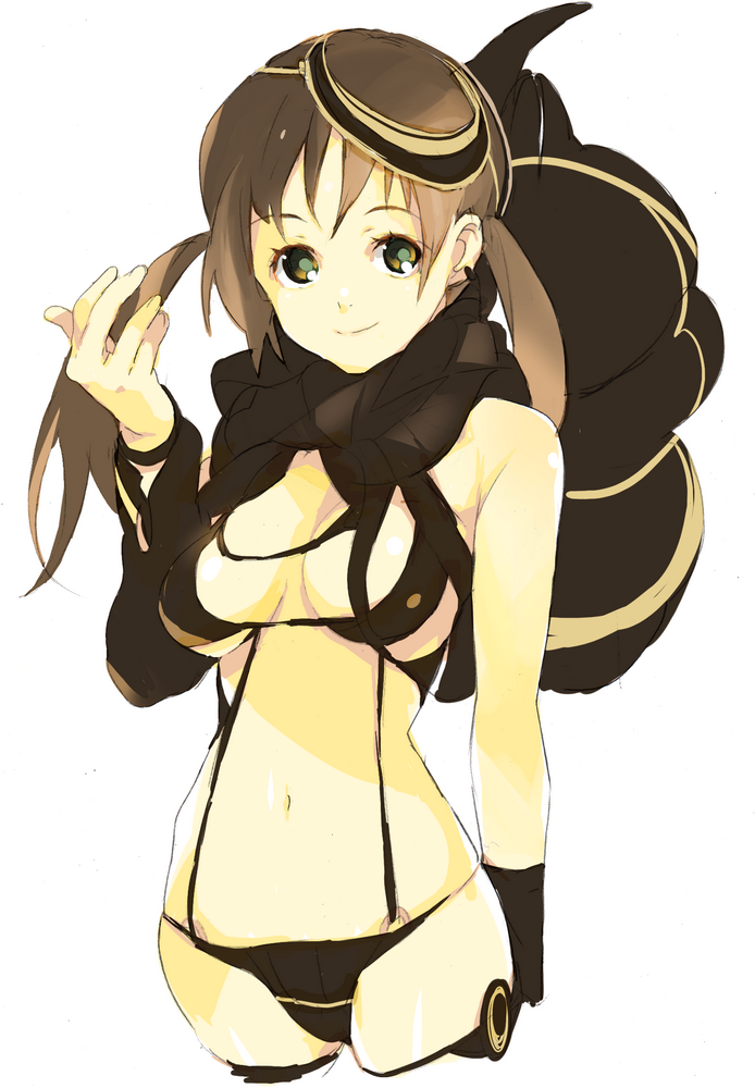 bikini, breasts, brown_hair, green_eyes, honjyamaka, original, scarf, smile