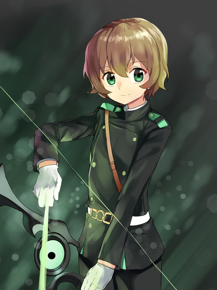 1boy, arrow, belt, bow_(weapon), brown_hair, gloves, green_eyes, male_focus