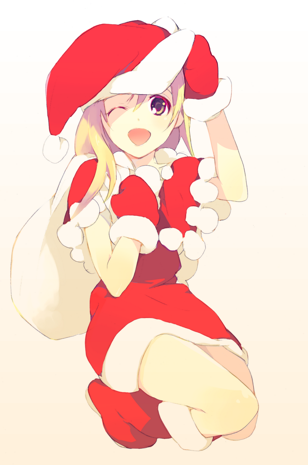 bag, blonde_hair, christmas, gloves, happy, hat, highres, honjyamaka, sack, santa, santa_costume, santa_hat, yellow_eyes
