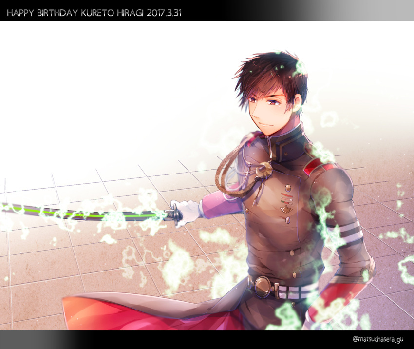 1boy, artist_name, black_hair, character_name, dated, gloves, happy_birthday, hiiragi_kureto, male_focus, military, military_uniform, owari_no_seraph, red_eyes, solo, sword, uniform, upper_body, weapon