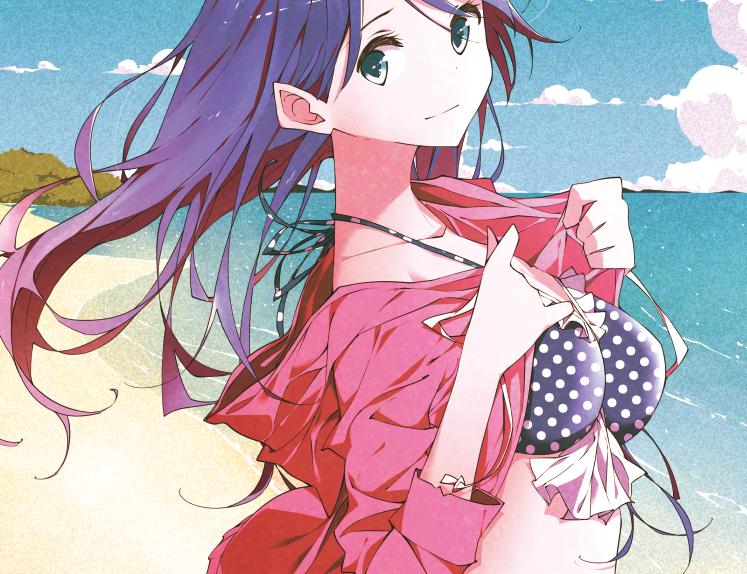 1girl, aqua_eyes, beach, bikini, bikini_under_clothes, blue_bikini, blue_hair, breasts