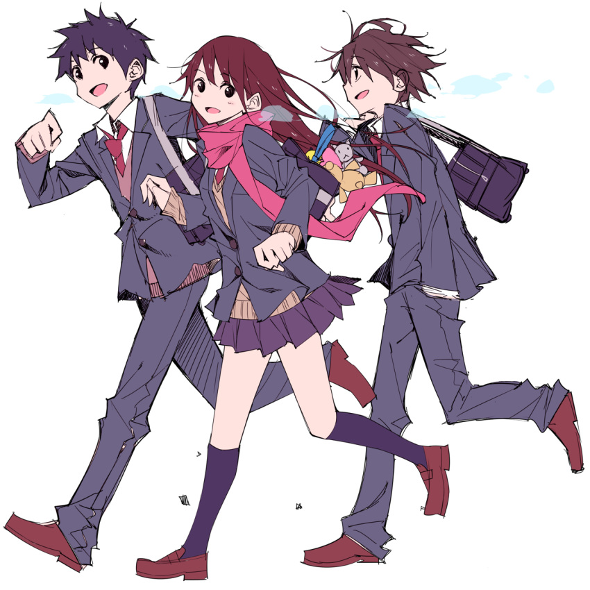 1girl, 2boys, bag, black_eyes, blazer, blush, brown_eyes, brown_hair