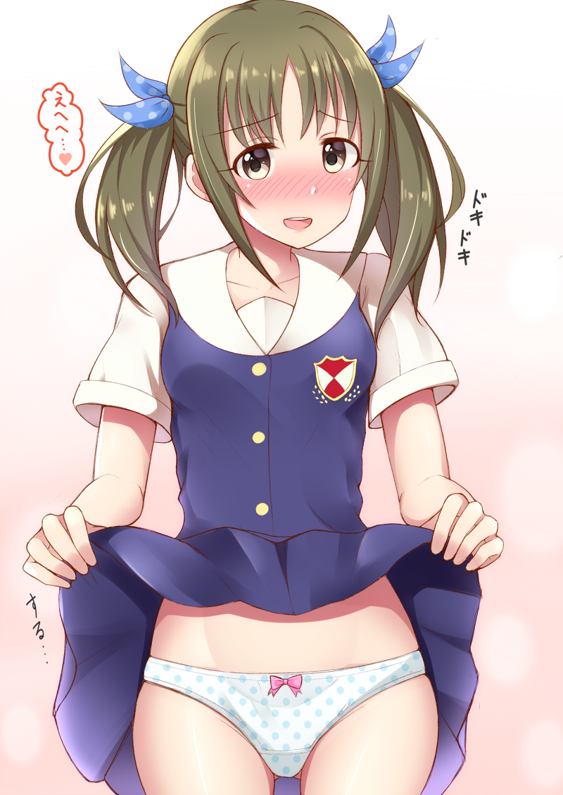 1girl, bangs, blue_dress, blue_ribbon, blush, bow, bow_panties, brown_eyes