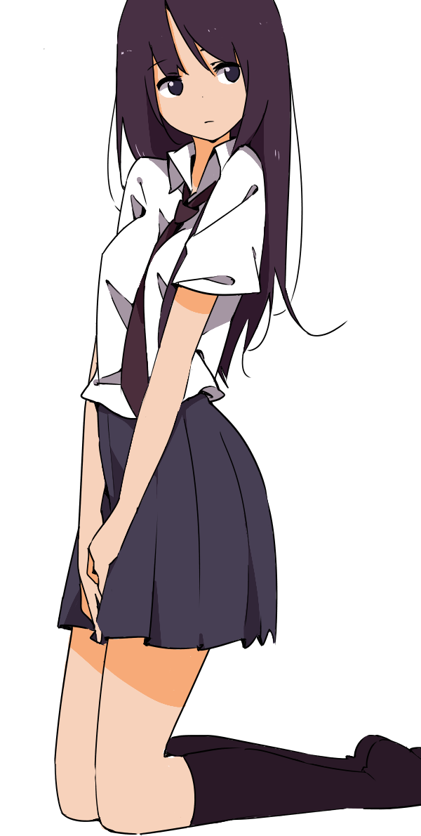 1girl, bangs, black_eyes, black_legwear, black_skirt, blouse, closed_mouth, eyebrows_visible_through_hair