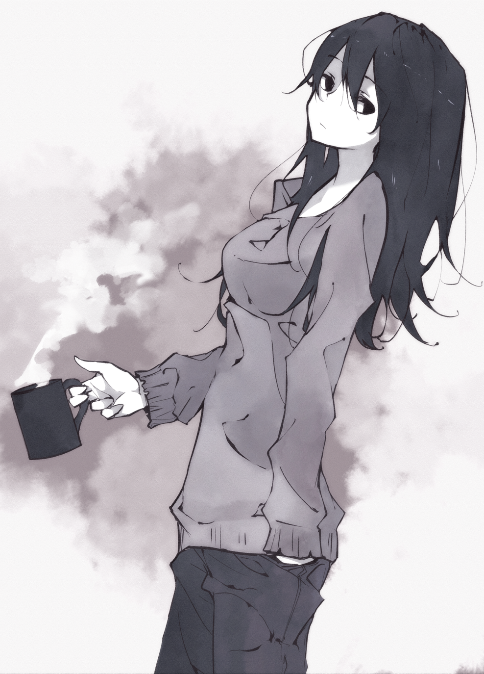 1girl, black_eyes, black_hair, cup, hand_in_pocket, highres, long_hair, long_sleeves