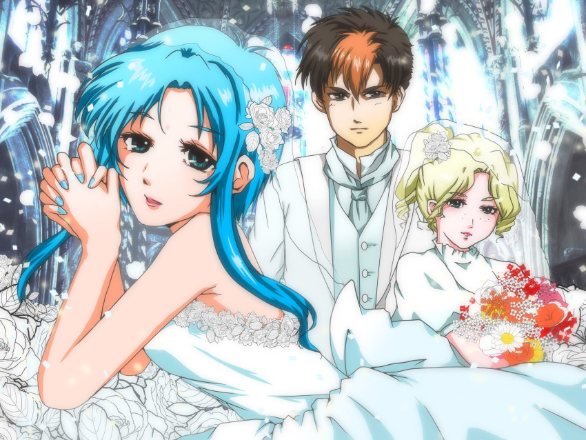 blonde_hair, blue_eyes, blue_hair, brown_hair, church, dress, flower, freckles, hibiki_kanzaki, highres, ishtar_(macross), koolannad, macross, macross_2, multicolored_hair, sylvie_gena, tuxedo, two-tone_hair, wedding, wedding_dress