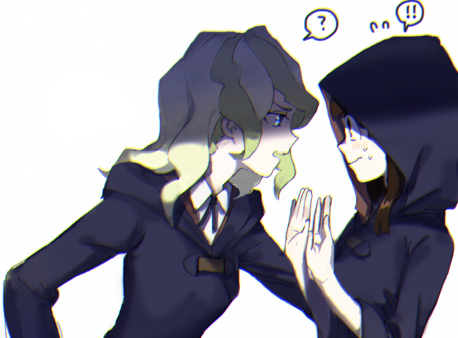 2girls, blue_eyes, blush, brown_hair, cloak, diana_cavendish, henpei_saboten, hood