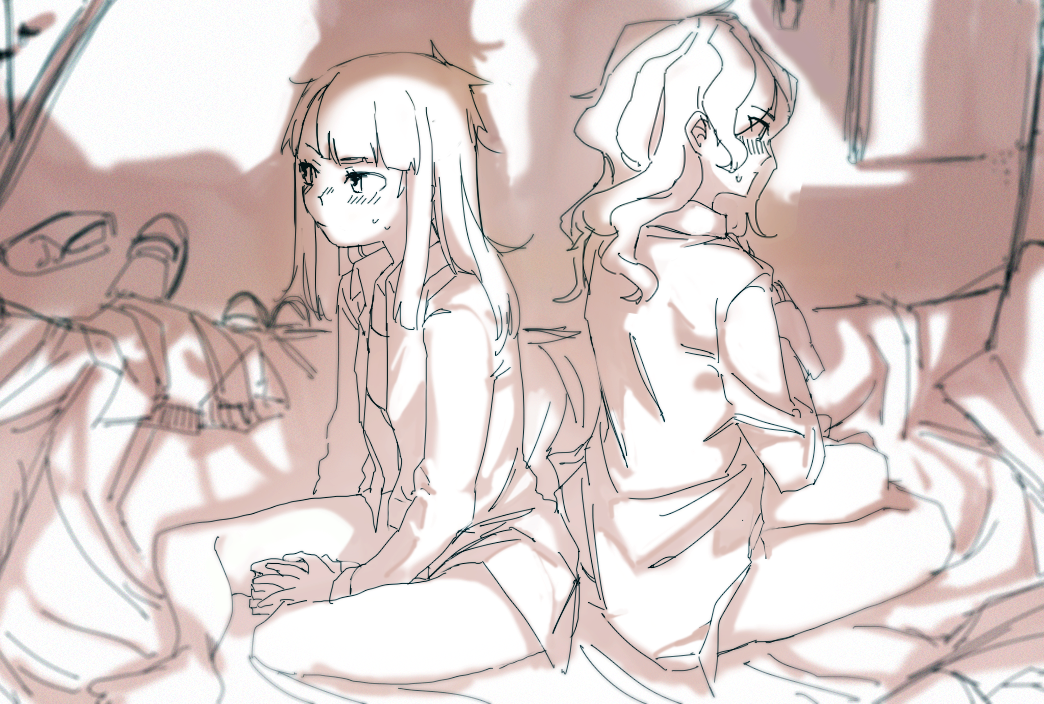 2girls, aftersex, back-to-back, blush, diana_cavendish, henpei_saboten, kagari_atsuko, little_witch_academia