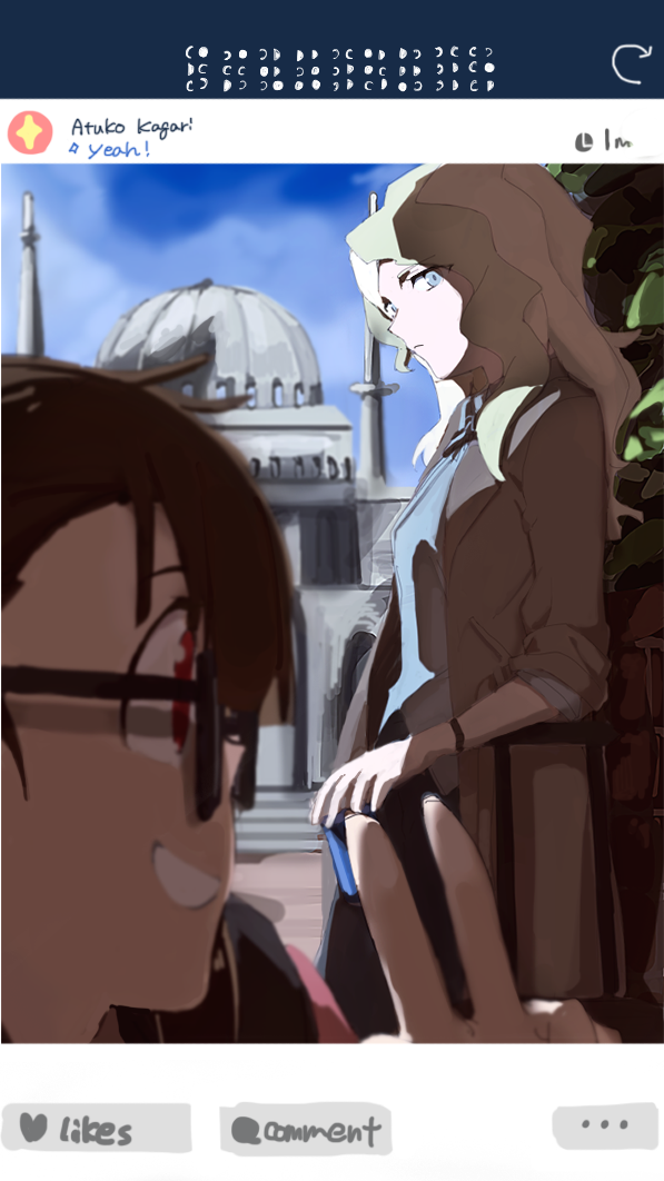 2girls, blue_eyes, brown_hair, diana_cavendish, glass, green_hair, henpei_saboten, kagari_atsuko