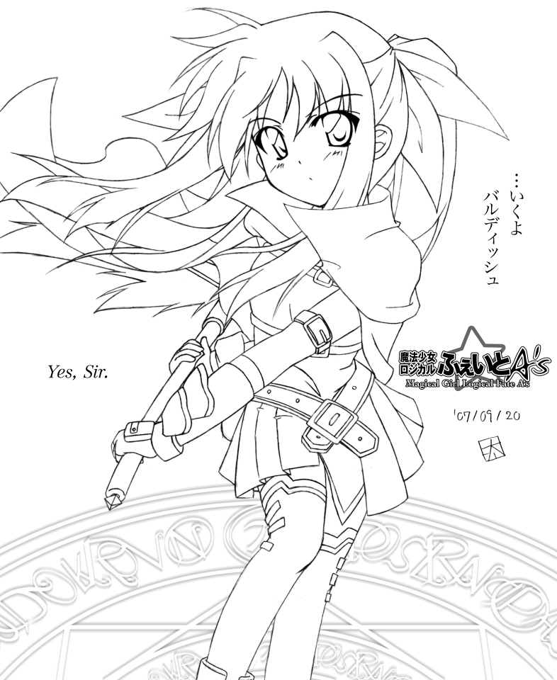 bardiche, belt, blush, boots, cape, dress, fate_testarossa, fingerless_gloves