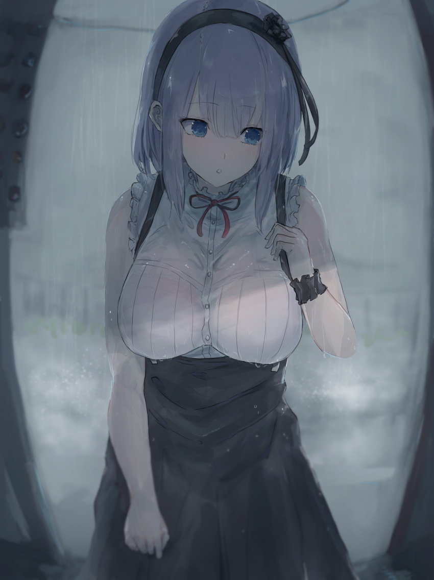 1girl, :o, absurdres, arm_at_side, bare_arms, bare_shoulders, black_rose, blue_eyes