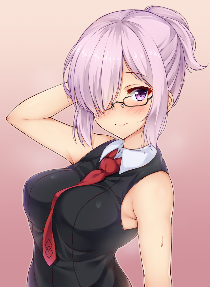 1girl, alternate_hairstyle, arm_up, between_breasts, black-framed_eyewear, black_dress, blush, breasts, closed_mouth, dress, eyebrows_visible_through_hair, fate/grand_order, fate_(series), glasses, gradient, gradient_background, hair_over_one_eye, highres, kuragari, large_breasts, looking_at_viewer, necktie, necktie_between_breasts, ponytail, purple_hair, shielder_(fate/grand_order), short_hair, sidelocks, sleeveless, smile, solo, sweat, upper_body, violet_eyes