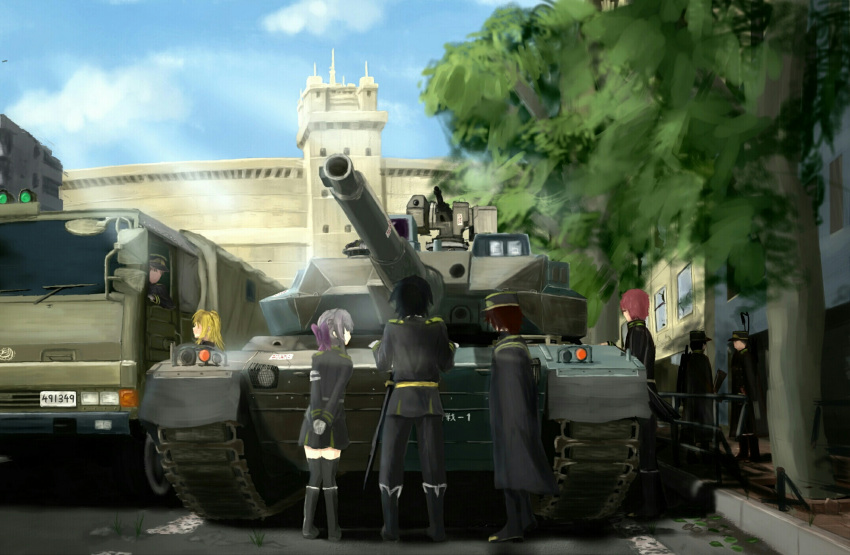 1girl, 6+boys, black_hair, blonde_hair, clouds, day, fusou_(fuso0205), ground_vehicle
