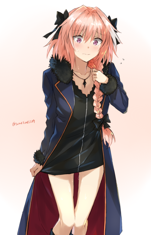 1boy, alternate_costume, artist_name, bangs, black_dress, blue_coat, blush, braid, coat, collarbone, cosplay, dress, fate/apocrypha, fate/grand_order, fate_(series), flying_sweatdrops, fur-trimmed_coat, fur_trim, gradient, gradient_background, hair_ribbon, jacket, jeanne_alter, jeanne_alter_(cosplay), jewelry, legs, looking_down, multicolored_hair, necklace, open_clothes, open_coat, pink_hair, ribbon, rider_of_black, ruler_(fate/apocrypha), skirt, solo, somechime_(sometime1209), streaked_hair, thighs, trap, twitter_username, two-tone_hair, violet_eyes, white_hair
