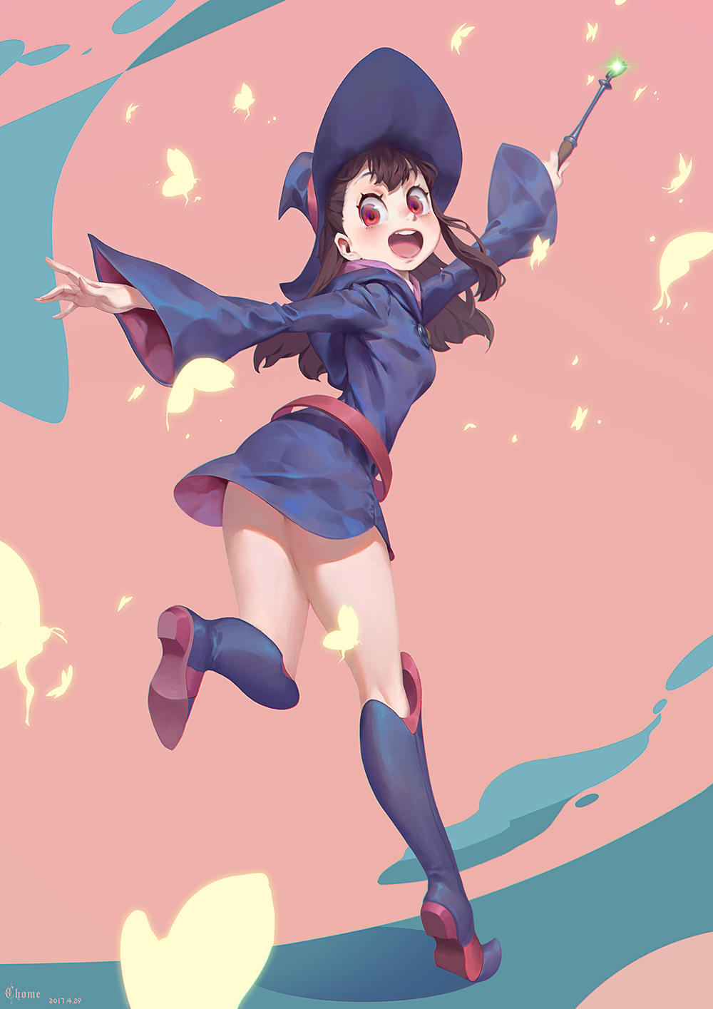 1girl, blue_hat, blush, boots, brown_hair, c_home, full_body, hat, high_heel_boots, high_heels, highres, holding, holding_wand, kagari_atsuko, knee_boots, little_witch_academia, long_sleeves, looking_at_viewer, open_mouth, red_eyes, smile, solo, teeth, wand