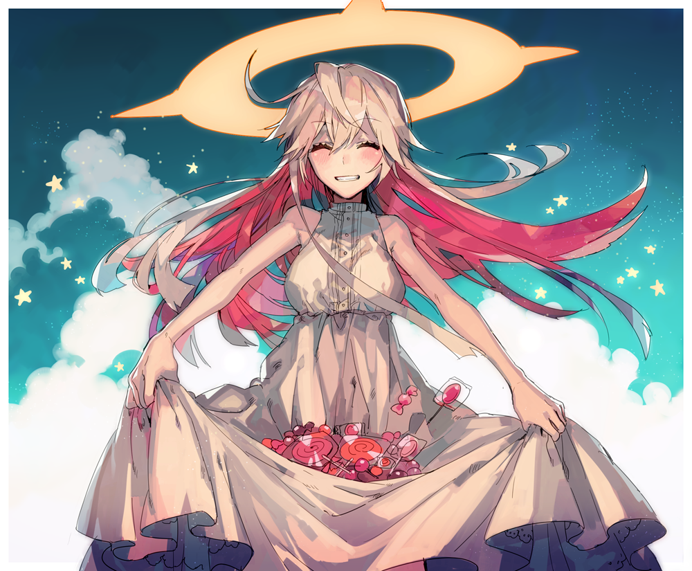 1girl, blonde_hair, candy, closed_eyes, dress, food, grin, guilty_gear