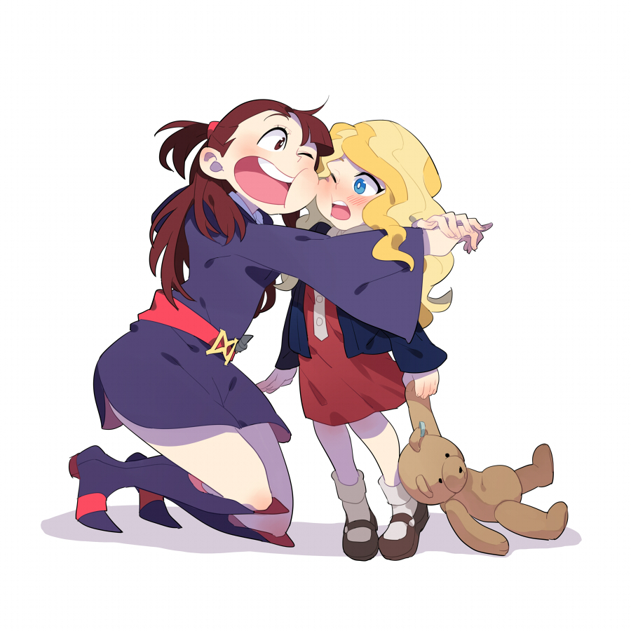 2girls, blonde_hair, blue_eyes, boots, brown_hair, cheek-to-cheek, child, diana_cavendish