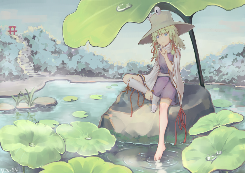 1girl, absurdres, bangs, barefoot, blonde_hair, blue_eyes, brown_hat, dated