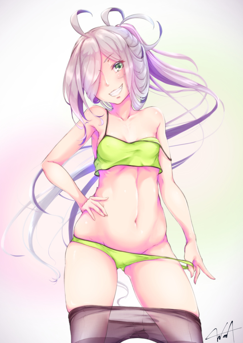 10s, 1girl, ahoge, alternate_costume, asashimo_(kantai_collection), bare_arms, bare_shoulders, bikini