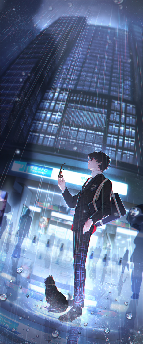 1boy, arm_at_side, backlighting, black_hair, blazer, blurry, blurry_background, building