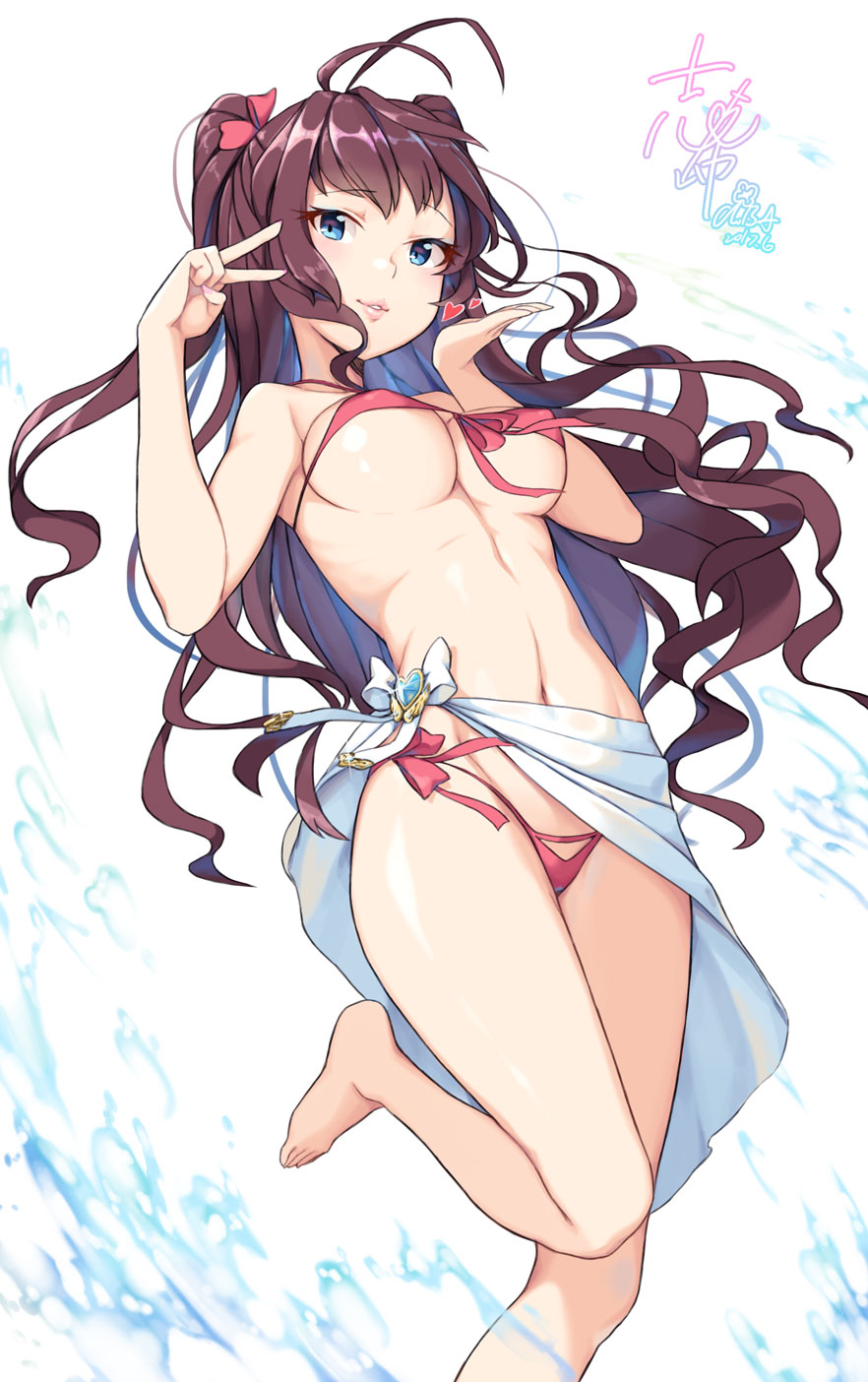 1girl, bangs, bikini, blown_kiss, blue_eyes, bow, breasts, cleavage
