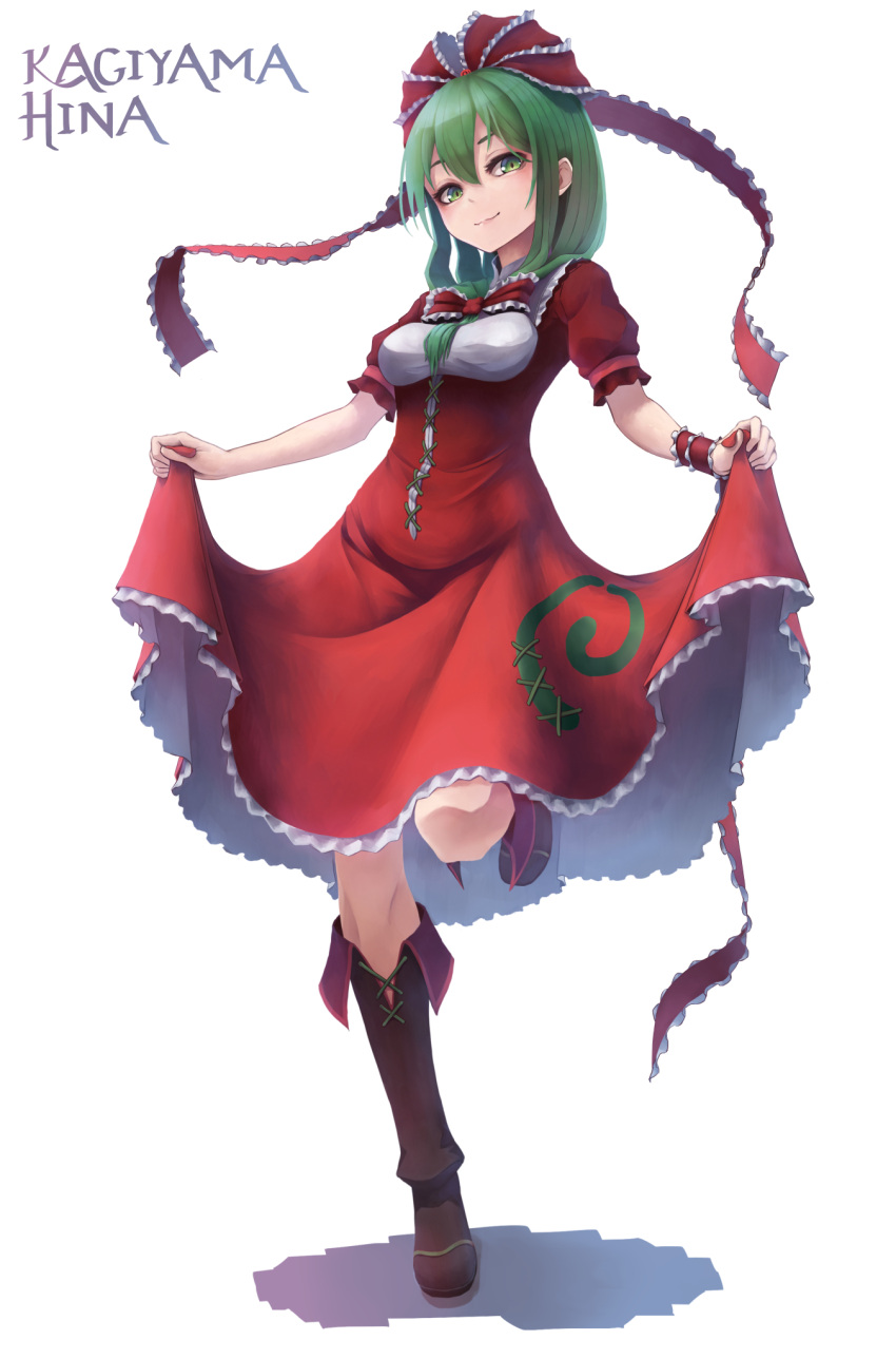 1girl, anidante, boots, breasts, character_name, dress, dress_lift, front_ponytail