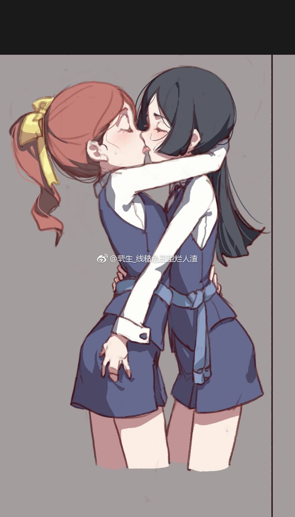 2girls, ass_grab, barbara_(little_witch_academia), black_hair, blush, brown_hair, closed_eyes, commentary_request
