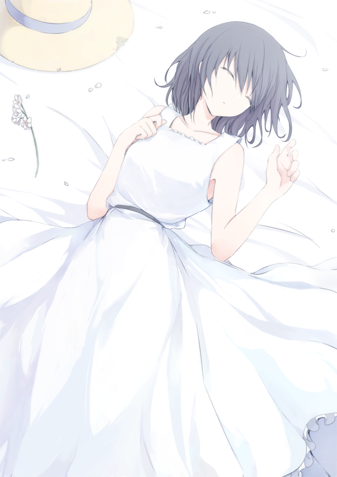 1girl, bed_sheet, black_hair, closed_eyes, collarbone, dress, frilled_dress, frills