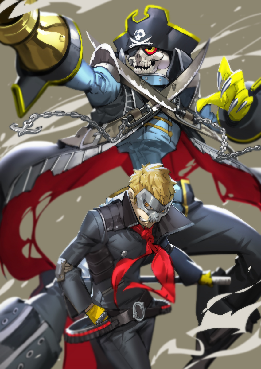 absurdres, arm_cannon, ascot, blonde_hair, captain_kidd_(persona), chains, hat, highres