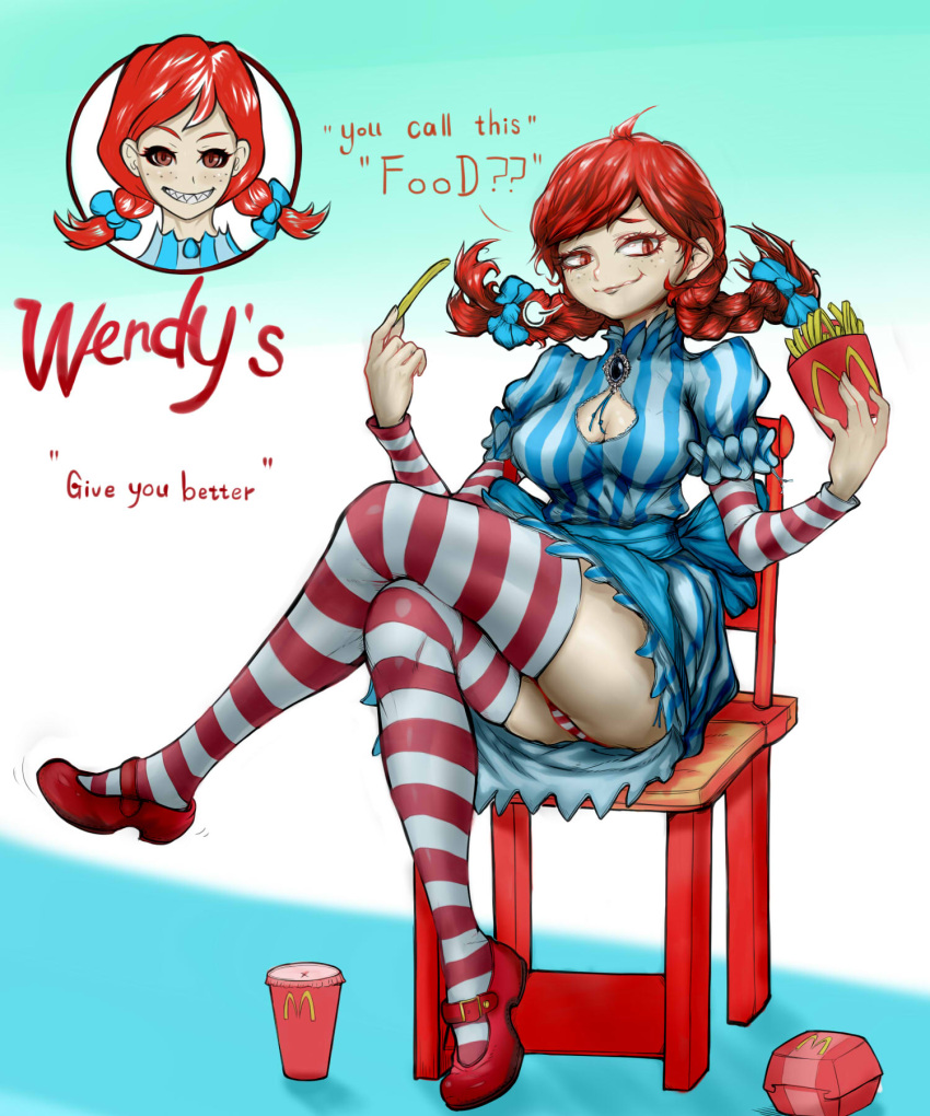 1girl, bangs, blue_dress, blue_ribbon, braid, breasts, brooch, caropapa, chair, cleavage, cleavage_cutout, closed_mouth, dress, english, engrish, food, freckles, french_fries, full_body, hair_ribbon, highres, holding, holding_food, jewelry, legs, legs_crossed, logo, long_hair, long_sleeves, looking_at_viewer, mary_janes, mcdonald's, medium_breasts, panties, pantyshot, pantyshot_(sitting), ranguage, red_eyes, red_legwear, red_panties, red_shirt, red_shoes, redhead, ribbon, sharp_teeth, shirt, shoes, short_dress, short_over_long_sleeves, sigh, sitting, smirk, soda_cup, solo, striped, striped_legwear, striped_panties, striped_shirt, swept_bangs, teeth, thigh-highs, twin_braids, twintails, underwear, vertical-striped_dress, vertical_stripes, wendy's, wendy_(wendy's)