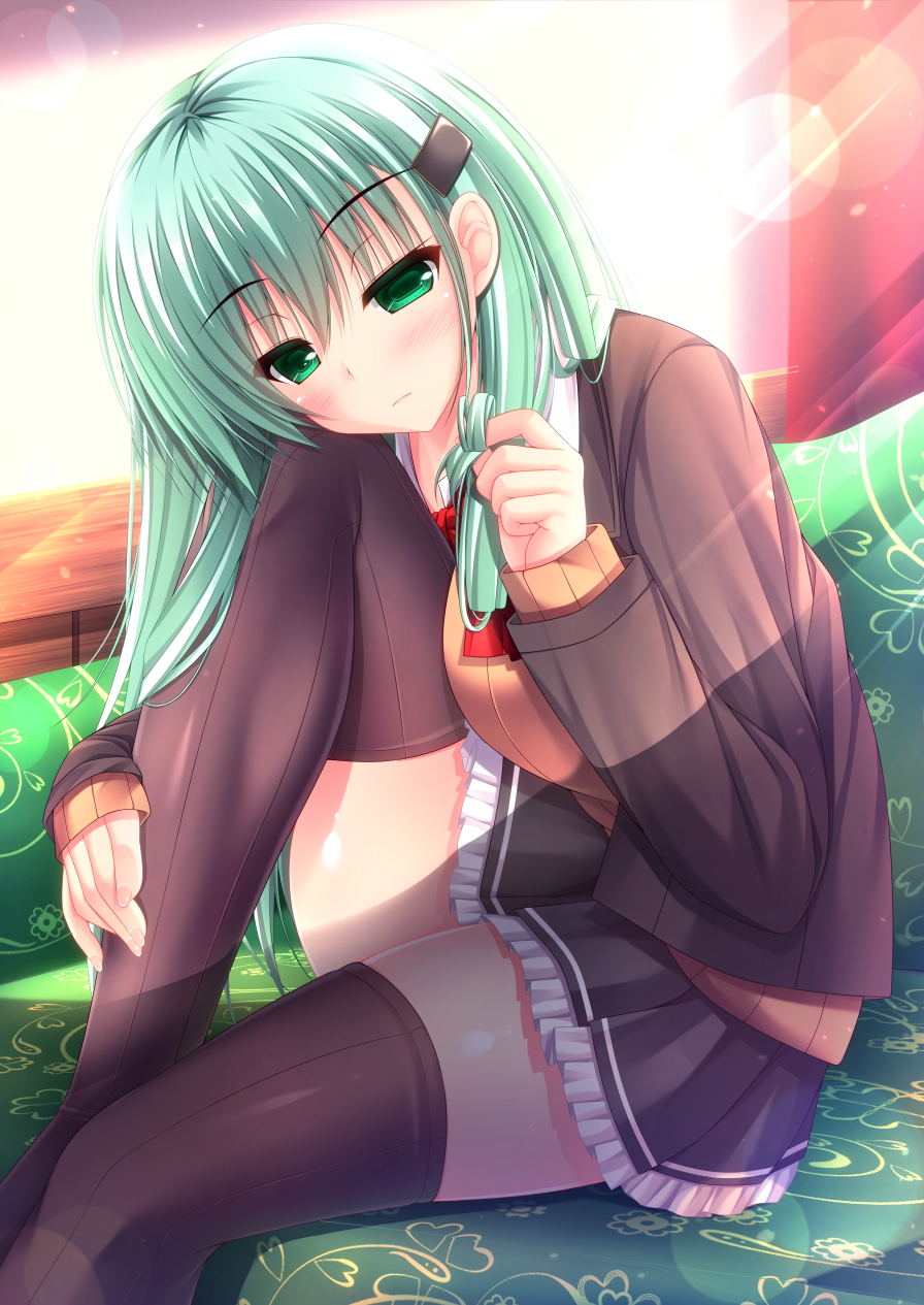 10s, 1girl, black_legwear, blush, breasts, eyebrows_visible_through_hair, green_eyes, green_hair