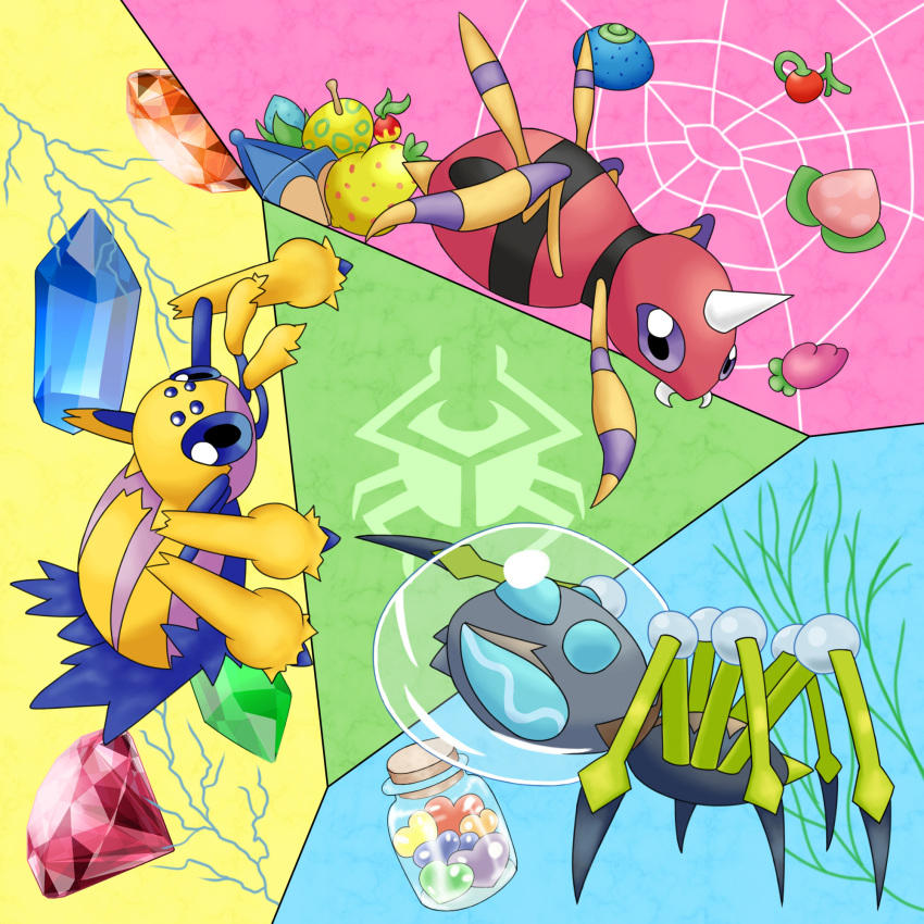 araquanid, ariados, bug, crystal, diamond, food, fruit, galvantula, highres, poke_bean, pokemon, pokemon_(game), pokemon_sm, spider