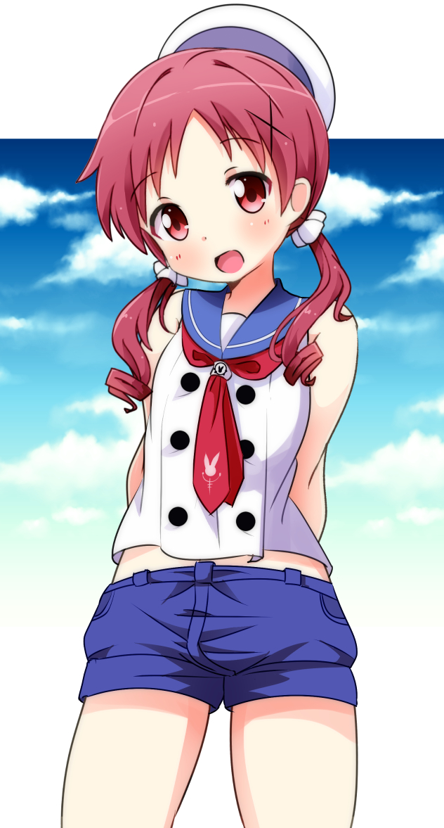 1girl, arms_behind_back, bangs, bare_shoulders, blue_sailor_collar, blue_sky, blush, breasts