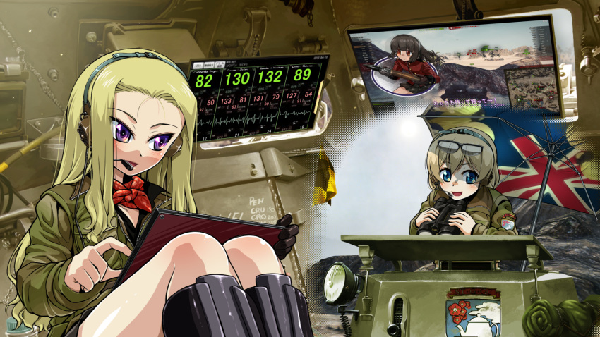 2girls, alternate_hairstyle, assam, bangs, binoculars, black_boots, blonde_hair, blue_eyes