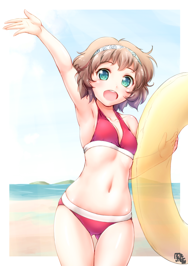 1girl, armpits, ayama_yuiya, beach, bikini, blue_eyes, breasts, brown_hair