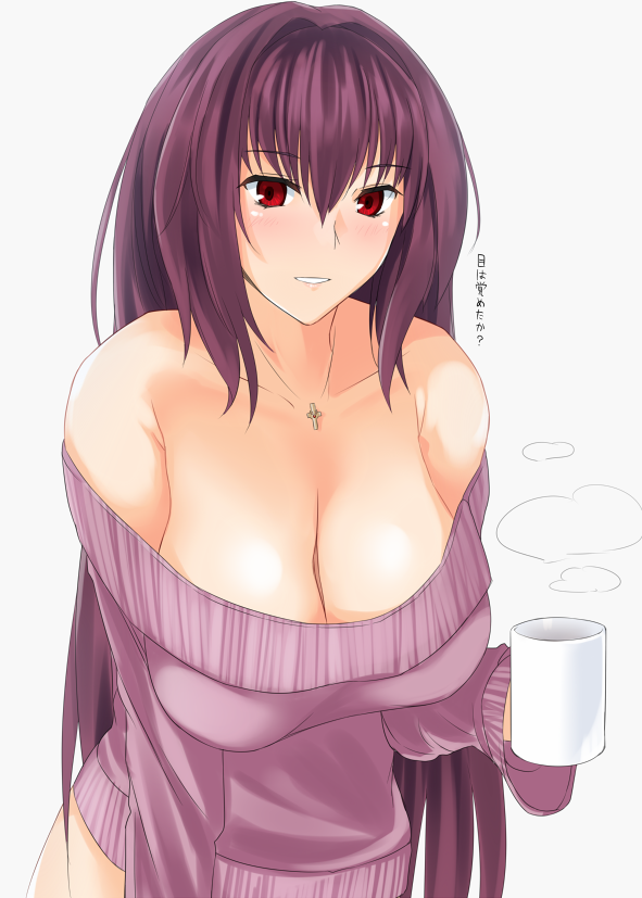 1girl, bangs, bare_shoulders, blush, breasts, cleavage, coffee_mug, collarbone
