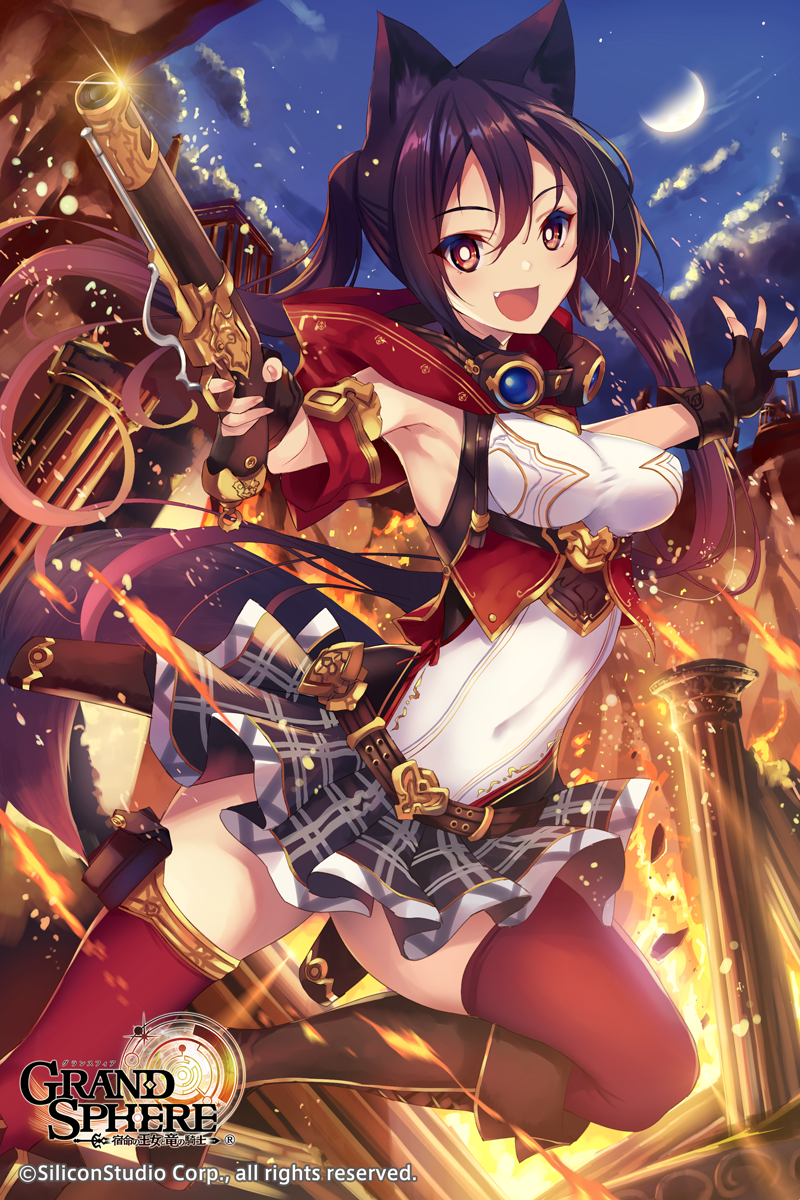 1girl, :d, animal_ears, antique_firearm, armpits, bangs, black_gloves, black_hair