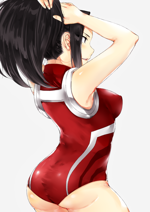 1girl, adjusting_hair, arms_up, ass, back, bare_shoulders, black_hair, boku_no_hero_academia, breasts, erect_nipples, erect_nipples_under_clothes, from_behind, from_side, half-closed_eyes, large_breasts, leotard, long_hair, ponytail, simple_background, solo, white_background, yaoyorozu_momo