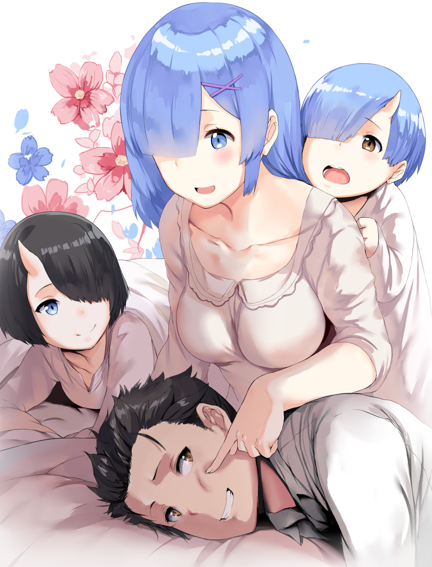 2boys, 2girls, :d, absurdres, alternate_hair_length, alternate_hairstyle, bed_sheet, black_hair