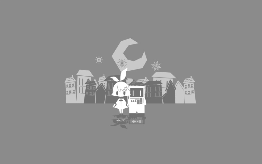 1girl, building, eruri_(mgmn), grey_background, hair_ornament, hairclip, highres, house, kagamine_rin, koronba, koronba_4-gou, looking_at_viewer, monochrome, moon, utau, vocaloid
