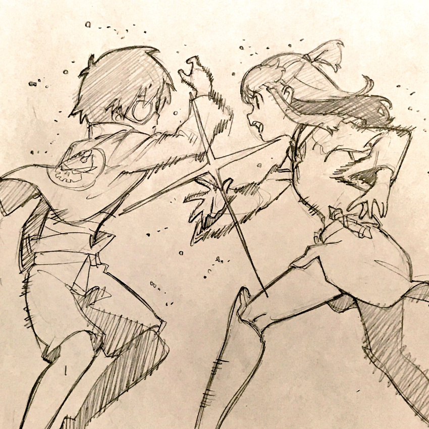 1boy, 1girl, boots, creator_connection, goggles, graphite_(medium), half_updo, handa_shuuhei