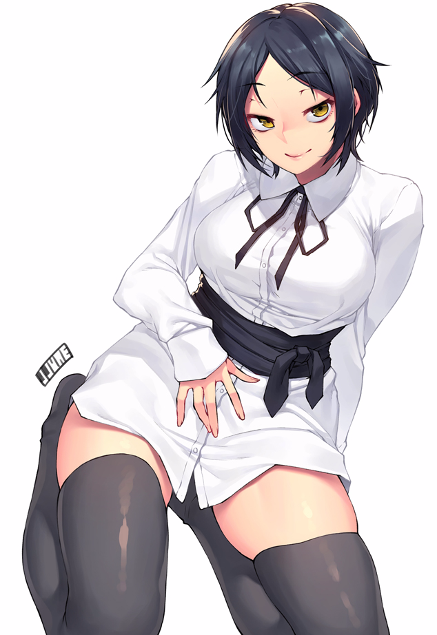 1girl, arm_support, artist_name, black_hair, black_legwear, breasts, collared_shirt, dress_shirt, from_above, jitome, jjune, kneeling, large_breasts, looking_to_the_side, original, rumi_morimiya, shirt, short_hair, simple_background, sitting, skindentation, smile, taut_clothes, taut_shirt, thigh-highs, tsurime, tsurime_eyes, white_background, white_shirt, yellow_eyes