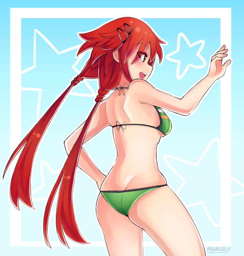 1girl, :d, artist_name, ass, bangs, bikini, blush, breasts, cleavage, colored_eyelashes, cowboy_shot, from_behind, hair_ornament, hairclip, hand_on_hip, highres, long_hair, looking_to_the_side, low_twintails, mahruru, neptune_(series), open_mouth, profile, redhead, shin_jigen_game_neptune_vii, signature, smile, solo, standing, striped, striped_bikini, swimsuit, tennouboshi_uzume, twintails
