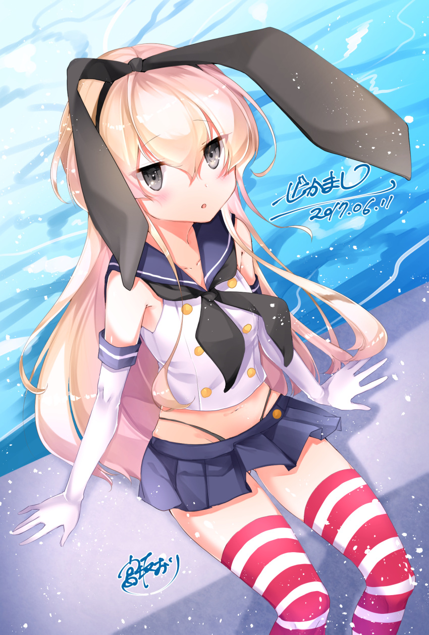 10s, 1girl, black_eyes, blonde_hair, blue_skirt, collarbone, dated, elbow_gloves