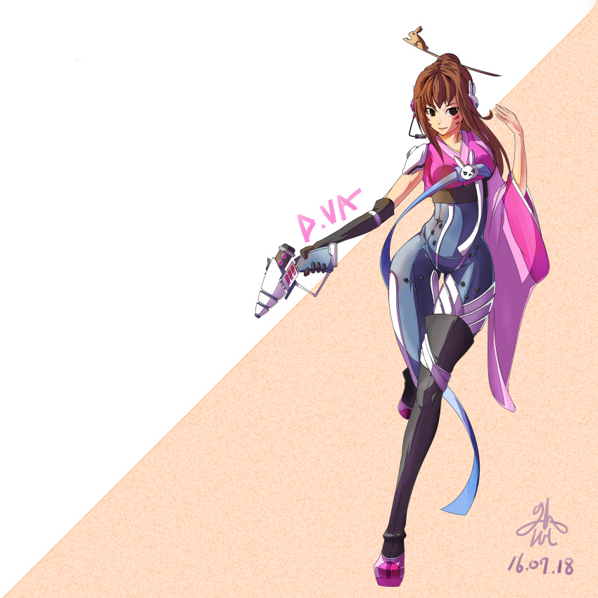 1girl, absurdres, alternate_costume, alternate_hairstyle, animal_print, bangs, black_gloves, black_legwear, blue_bodysuit, bodysuit, breasts, brown_background, brown_eyes, brown_hair, bunny_print, character_name, d.va_(overwatch), elbow_gloves, facepaint, facial_mark, full_body, gloves, gun, hair_bun, hair_ornament, hair_stick, hanbok, handgun, headphones, headset, highres, holding, holding_gun, holding_weapon, korean_clothes, long_hair, looking_at_viewer, medium_breasts, nakwang, overwatch, parted_lips, pink_shoes, pistol, ribbon, shoes, shoulder_pads, signature, single_elbow_glove, single_glove, single_thighhigh, solo, standing, standing_on_one_leg, swept_bangs, thigh-highs, weapon, whisker_markings, white_background