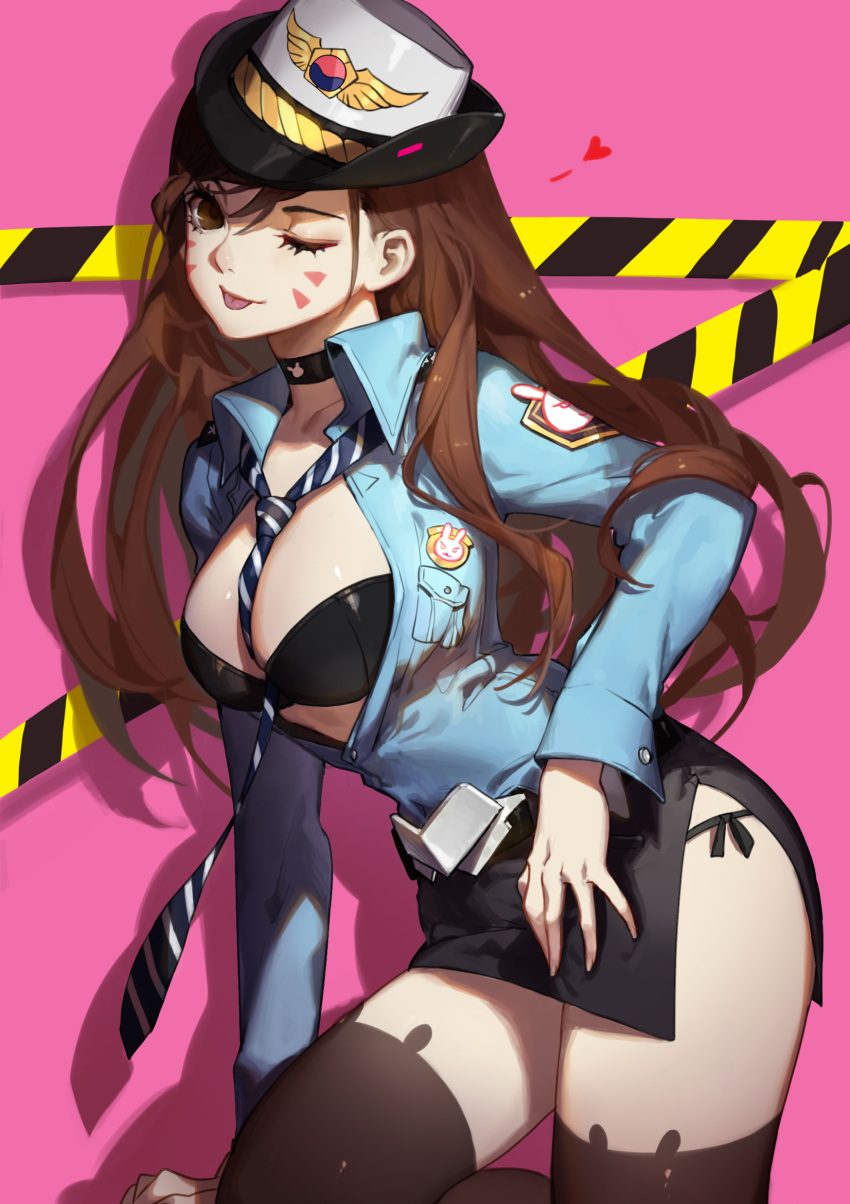1girl, ;p, absurdres, adapted_costume, alternate_costume, animal_print, bangs, between_breasts, black_bra, black_legwear, black_panties, black_skirt, blue_shirt, bra, breast_pocket, breasts, brown_eyes, brown_hair, bunny_band_legwear, bunny_print, cleavage, collarbone, collared_shirt, d.va_(overwatch), dated, facepaint, female_service_cap, hazard_stripes, heart, highres, impossible_necktie, leaning_forward, leg_up, long_hair, long_sleeves, looking_at_viewer, looking_to_the_side, medium_breasts, miniskirt, necktie, necktie_between_breasts, officer_d.va, one_eye_closed, overwatch, panties, patreon_logo, patreon_reward, patreon_username, pink_background, pocket, shadow, shirt, side-tie_panties, side_slit, skirt, solo, songjikyo, spoken_heart, striped, striped_necktie, thigh-highs, tongue, tongue_out, underwear, whisker_markings